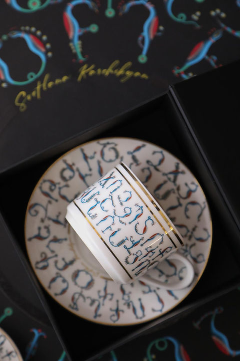 Armenian Alphabet — 24K Gold Porcelain Tea Cup & Saucer by KARCHIKYAN
