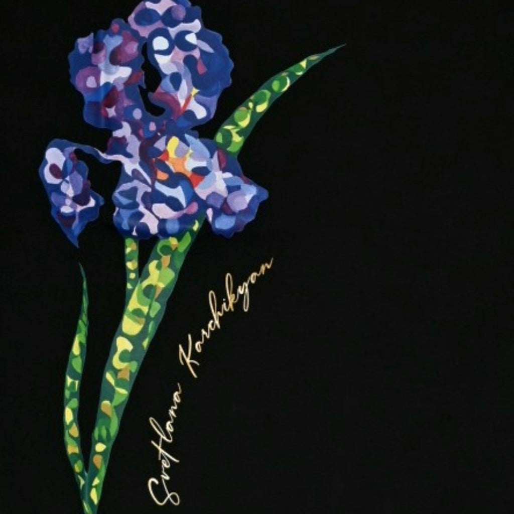 Black Short-Sleeve Top with Iris Floral Motif & Designer Signature