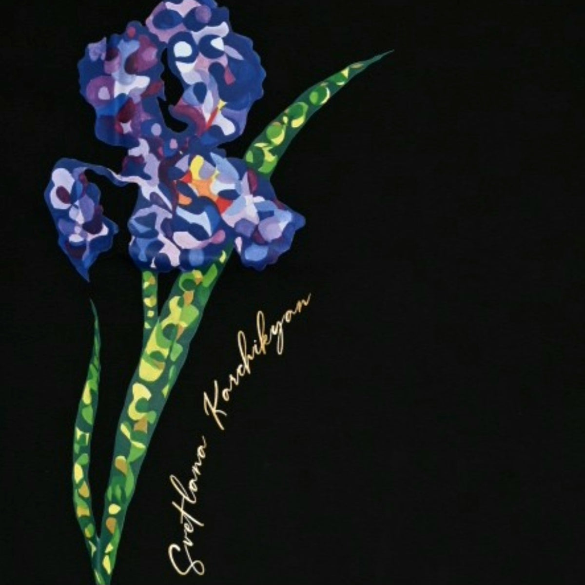 Black Short-Sleeve Top with Iris Floral Motif & Designer Signature