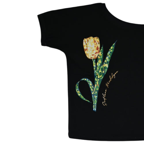 Black Short-Sleeve Top with Yellow Tulip Motif & Designer Signature