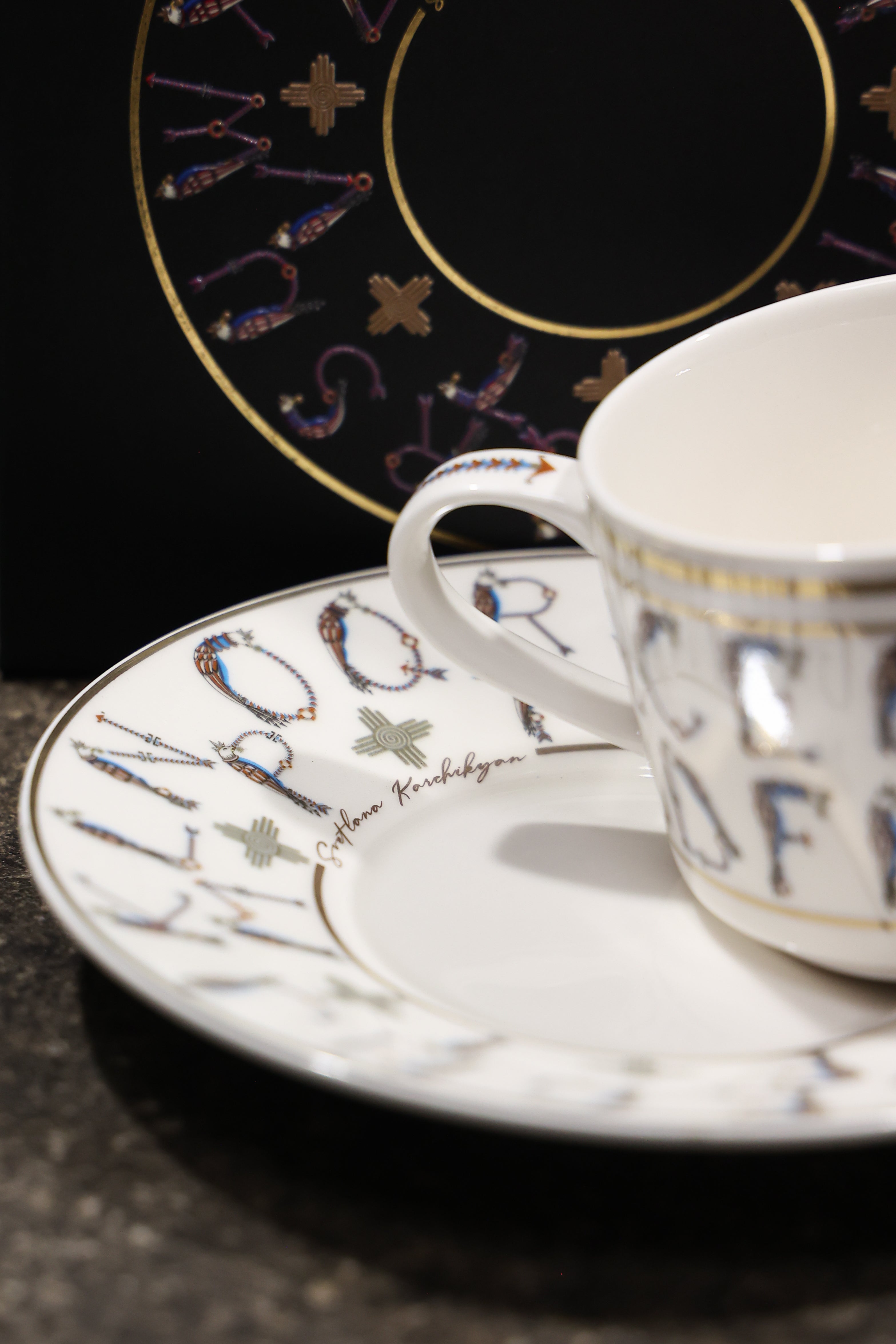 English Alphabet  — 24K Gold Porcelain Tea Cup & Saucer by KARCHIKYAN