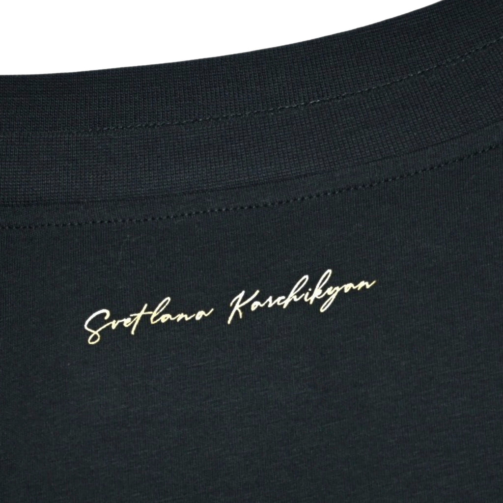 Black Short-Sleeve Top with Iris Floral Motif & Designer Signature