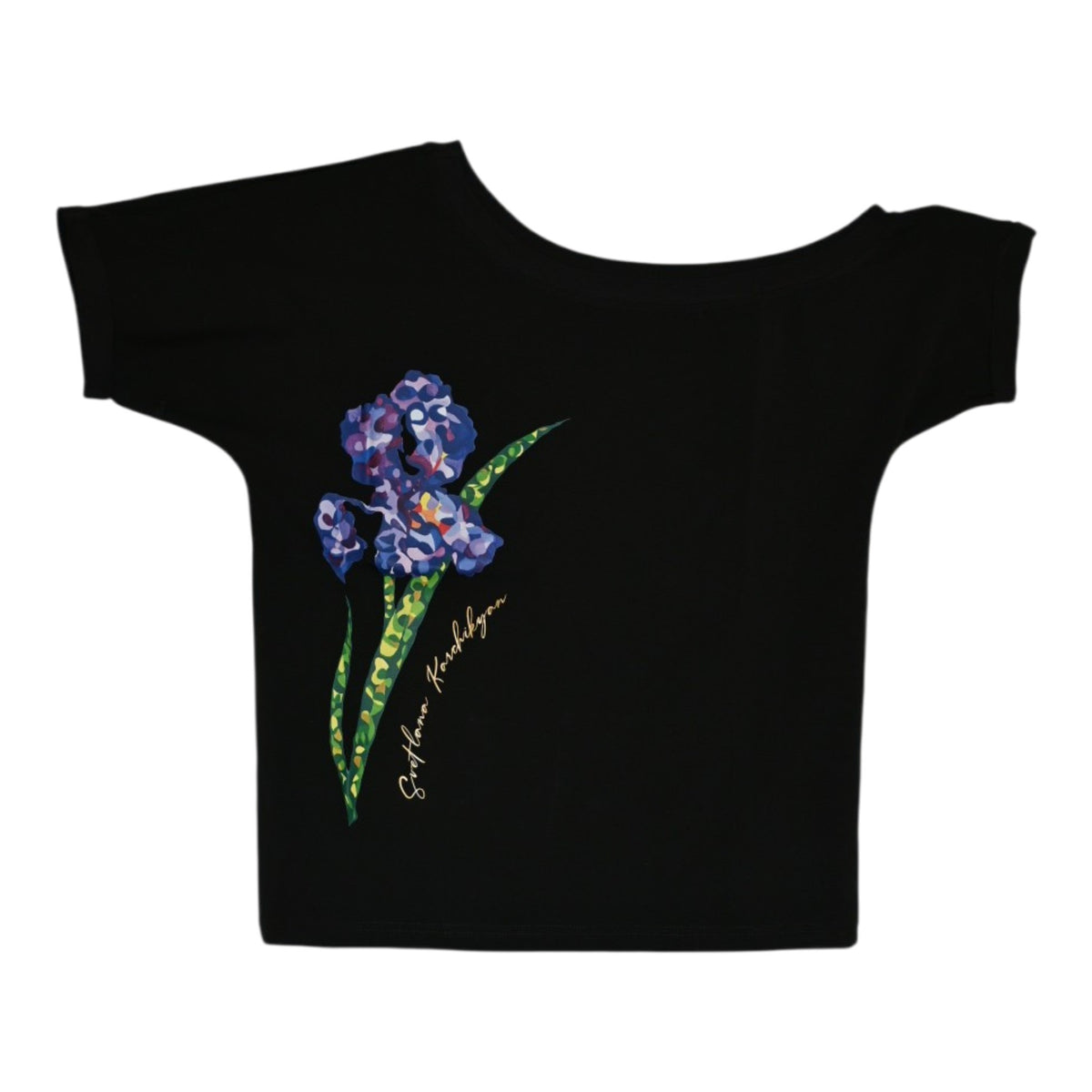 Black Short-Sleeve Top with Iris Floral Motif & Designer Signature