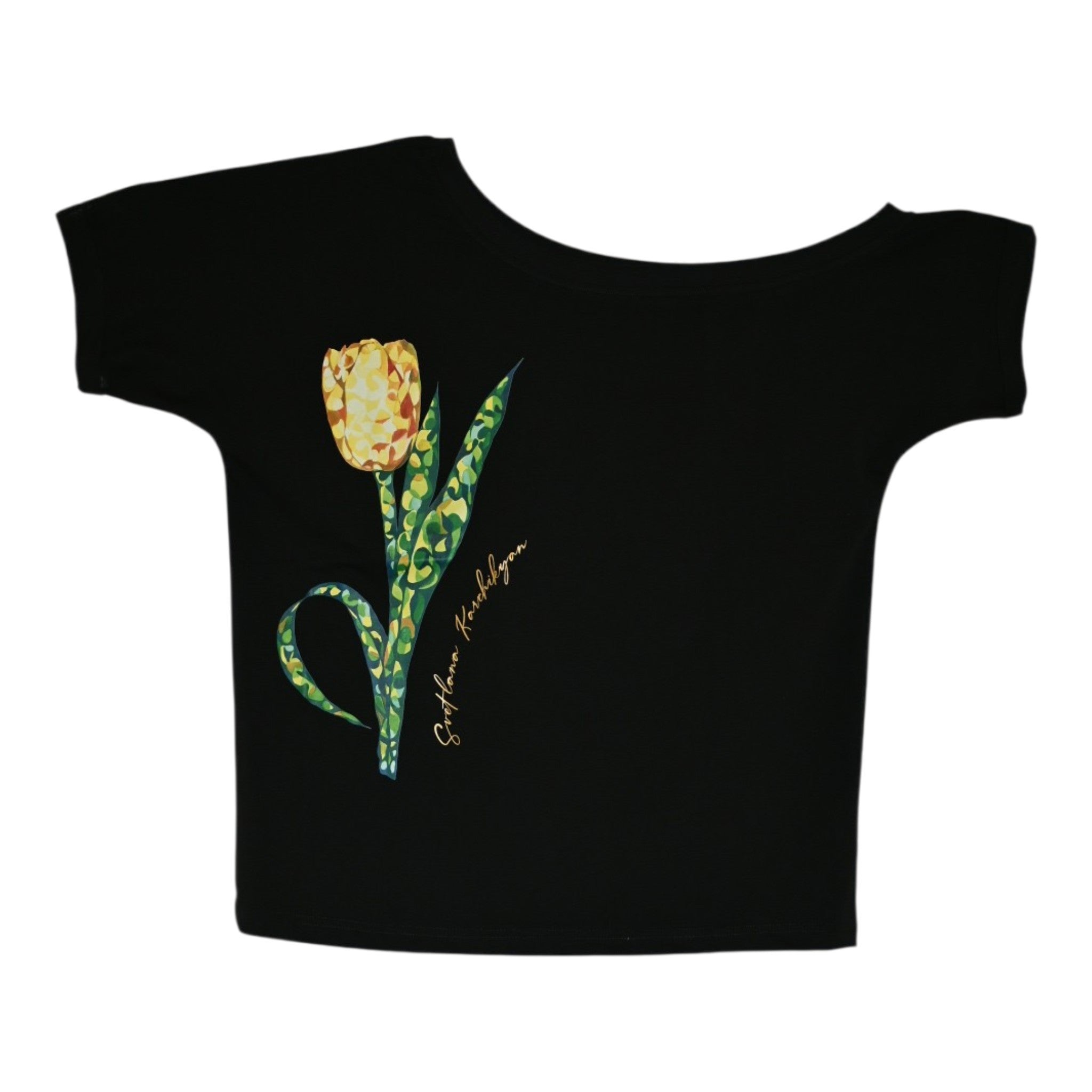 Black Short-Sleeve Top with Yellow Tulip Motif & Designer Signature