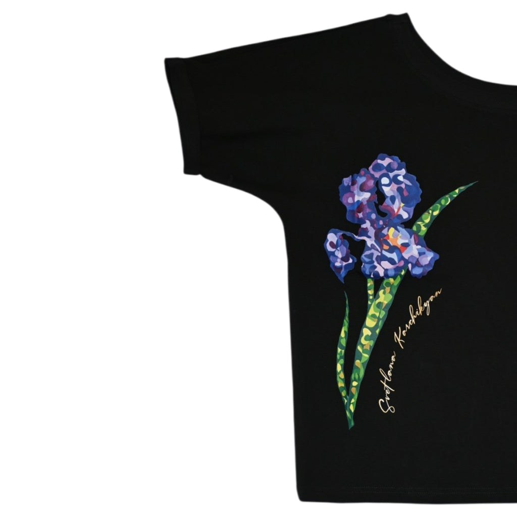 Black Short-Sleeve Top with Iris Floral Motif & Designer Signature